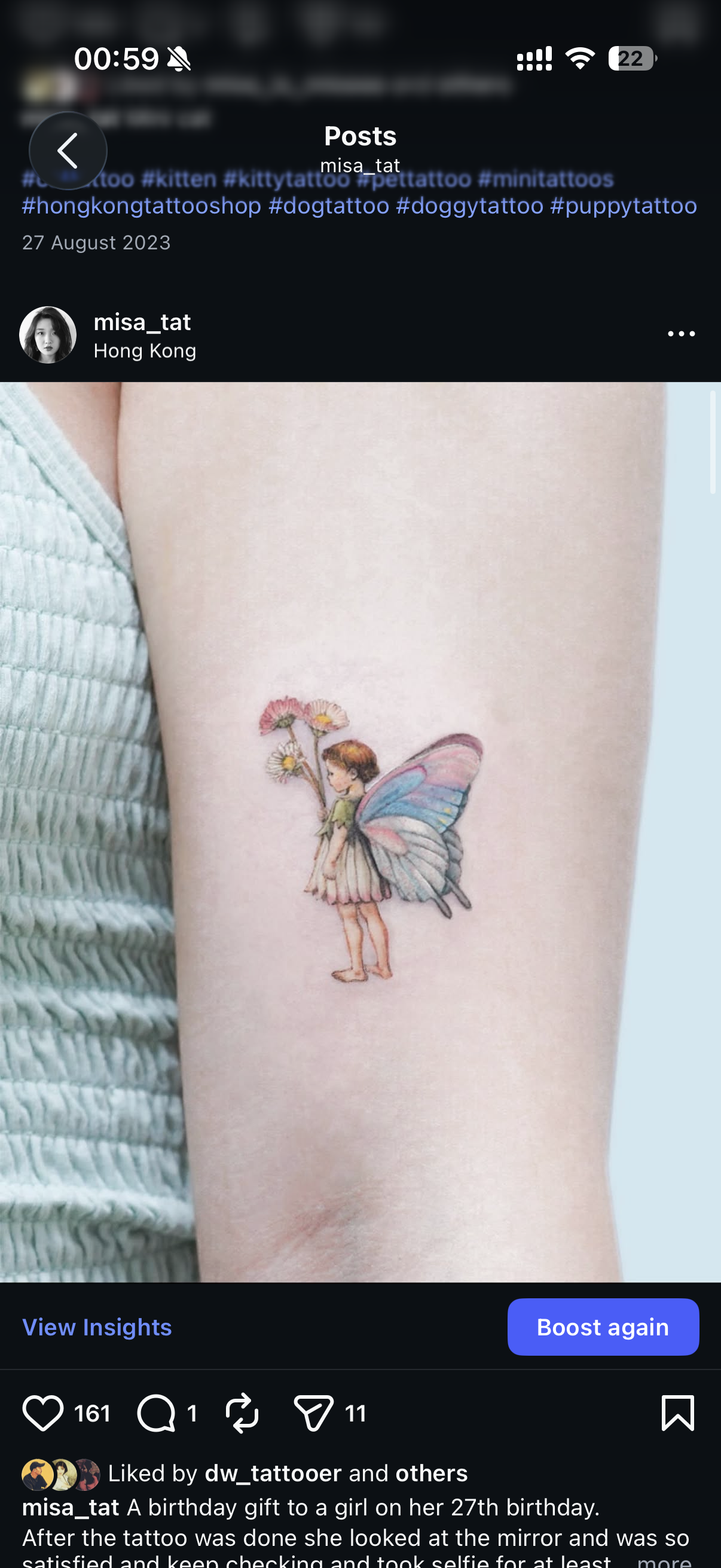 Small fairy tattoo shown in an Instagram post